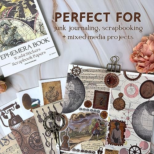 Junk Journal Supplies with 410+ Washi Stickers & Vintage Scrapbook Stickers | FAYWARE Ephemera for Junk Journals, 410+ Stickers for Scrapbooking, 20 Scrapbook Papers