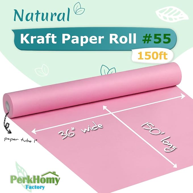 PerkHomy Light Pink Kraft Paper Roll 36" x 1,800" (150') for Gift Wrapping Bouquet Flower Art Painting Craft Writing Packaging Shipping 80GSM 55LB (Light Pink, 36" x 150')