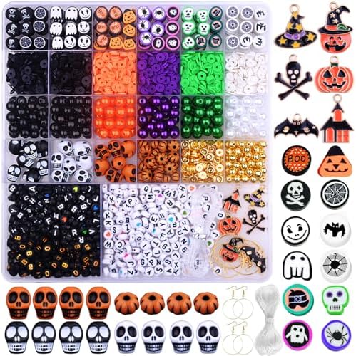 BBita 2088pcs Halloween Polymer Clay Beads Bracelet Making kit, 24 Style Cute Fun Beads Skull Pumpkin Beads Charms for Jewelry Necklace Earring Making DIY Accessories for Women Girls