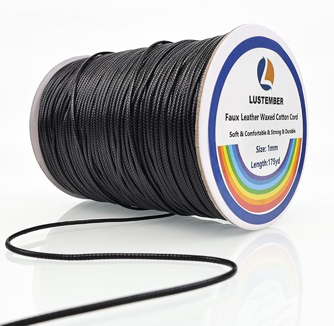 LUSTEMBER 1mm Faux Leather Waxed Cotton Cord, 175 Yards – Durable Necklace String, Soft and Textured Cord for Necklaces, Bracelets, and Jewelry Making