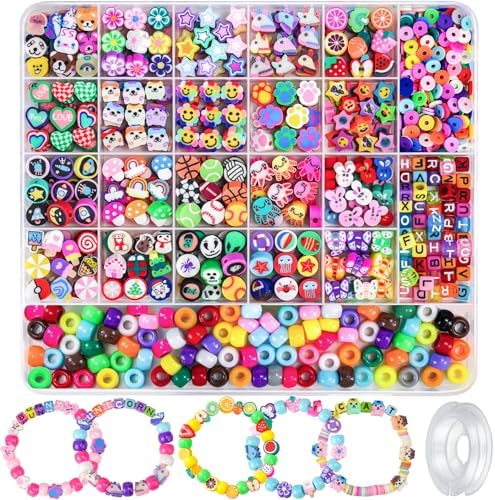 Gionlion 1200 Pcs Polymer Clay Beads Bracelet Making Kit, 25 Style Animal Fruit Flower Butterfly Bunny Pony Letter Beads Charms for Jewelry Making, DIY Art and Crafts Toys Gifts