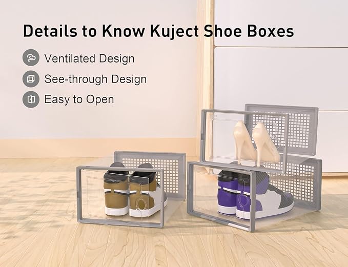 Kuject X-Large Shoe Storage Boxes 12 Pack, Clear Stackable Shoe Organizer