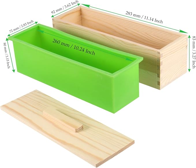 3PCS 47oz Silicone Soap Kit, Green Rectangular Silicone Loaf Soap Making with 3 Wooden Boxes and 3 Lids, DIY Supplies for Soap Making