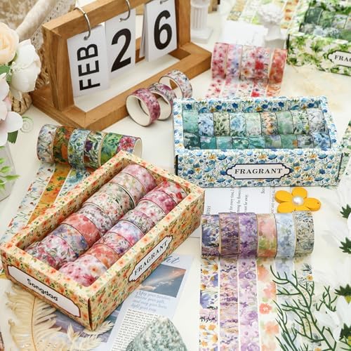 18 Rolls Blossom Washi Tape Set Floral Arts Adhesive Tapes Flowers Garden Decorative Masking Tape Sets for Craft, Kids, Scrapbook, DIY, Gift Wrapping (Blossom Festival)