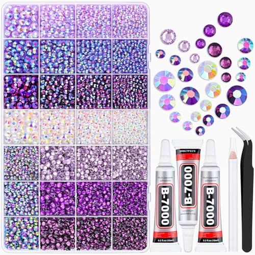 20000Pcs Purple Rhinestones for Bedazzling with B7000 Jewelry Glue, Resin Rhinestones for Crafting Crafts DIY, Bedazzler Kit Gems for Clothing Shoes Tumblers Fabric Nail Art Assorted Size 3/4/5/6mm