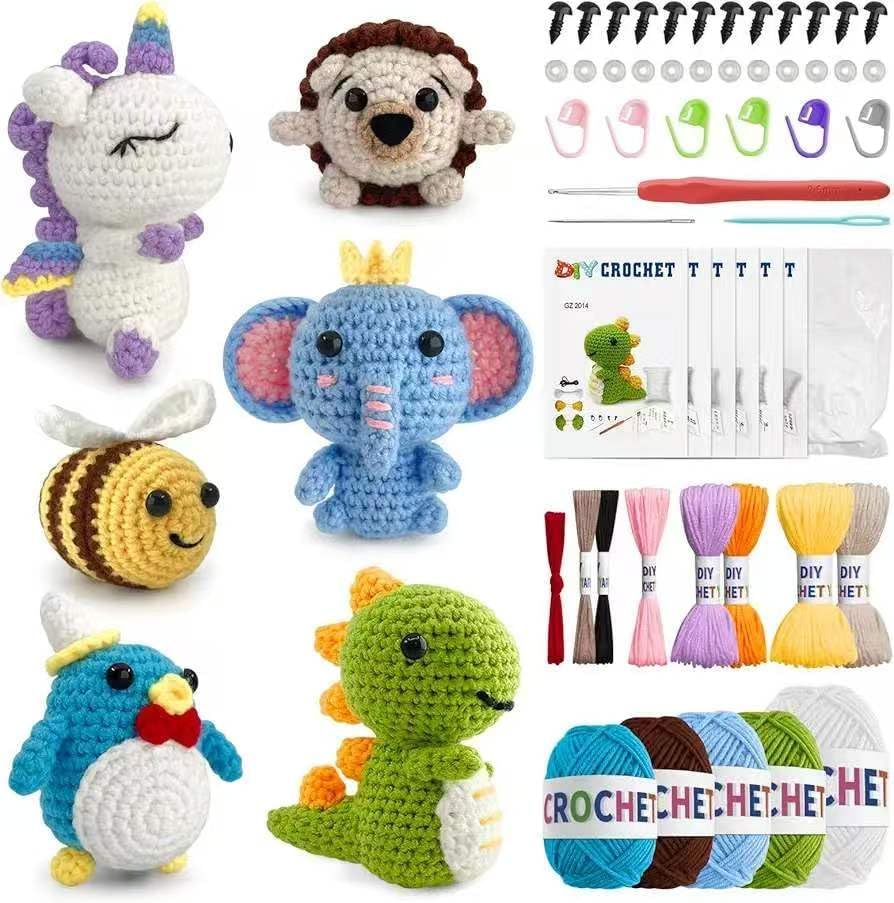 hisucbetter 6Pcs Beginner Crochet Starter Kit, Creative Birthday Gifts for Adults & Kids, Popular DIY Patterns, 40% Extra Yarn Crochet Animals Kits with Step-by-Step Video Tutorials