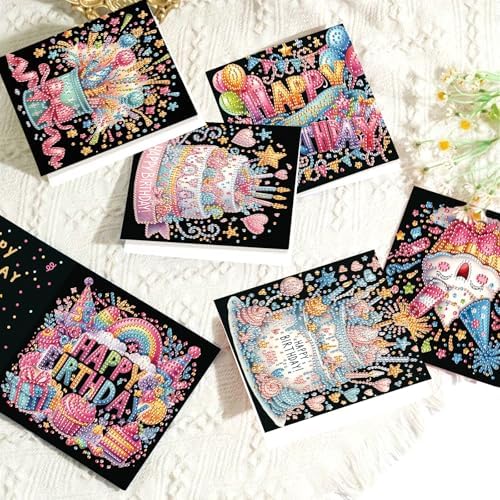 antor 6 Pcs 5D Diamond Painting Greeting Card Kits, Laser Effect Diamond Art Birthday Cards Special Shaped Diamond Art Postcards Crafts for Birthday Holiday (30x15cm)