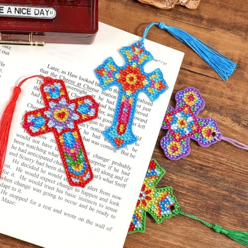 4 Pcs Cross 5d Diamond Art Bookmarks, DIY Acrylic Crystal Christian Bookmark with Tassel, Handmade Crafts Religious Book Mark Gift for Book Lovers Women Girls Teenagers Creative Decor
