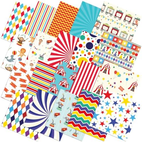 HunnmingRe 20 Pcs 10''x10'' Carnival Circus Quilting Fabric Square Precuts Quilted Fabric Bundle Monkey Striped Printed Sewing Material for Halloween Patchwork Scrapbook Junk Journal DIY Craft
