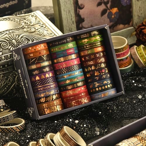 36 Rolls Skinny Washi Tape Set Gold Foil Detailing Arts Adhesive Tapes Basic Patterns Decorative Masking Tape Sets for Craft, Kids, Scrapbook, DIY, Gift Wrapping (Bronzing Letters)