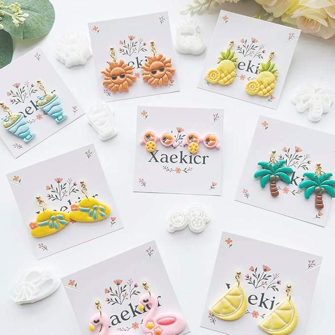 Summer Vibes Polymer Clay Cutters Set - 11pcs Vacation Shapes Including Palm Tree, Flamingo Float, Flip Flops, Surfboard & Smoothie for DIY Earring Jewelry, Soft Clay Crafts & Scrapbooking