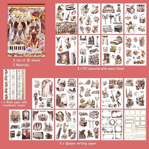 Dizdkizd Die Cut Music Stickers for Scrapbooking Journaling, 183 PET and Paper Sticker Book Art Decals for Planner, Collage, Mixed Media, Junk Journal Stickers