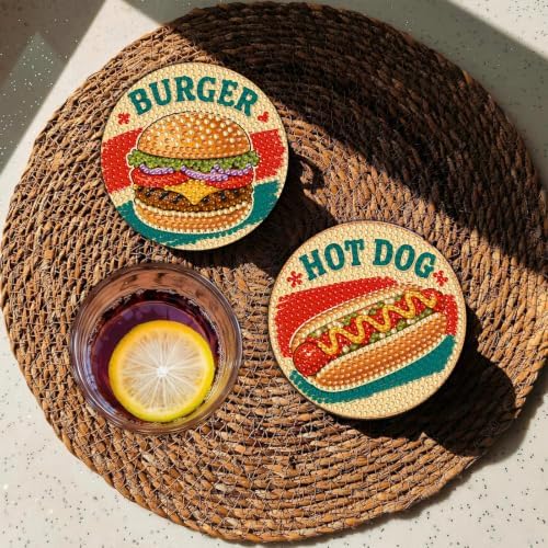 CRZMODE 8 Pcs Burger Diamond Art Coasters Kits, Diamond Painting Coasters with Holder Set of 8, DIY Burger Art Crafts Supplies for Adults Cup Mat House Warming Gifts Non-Slip
