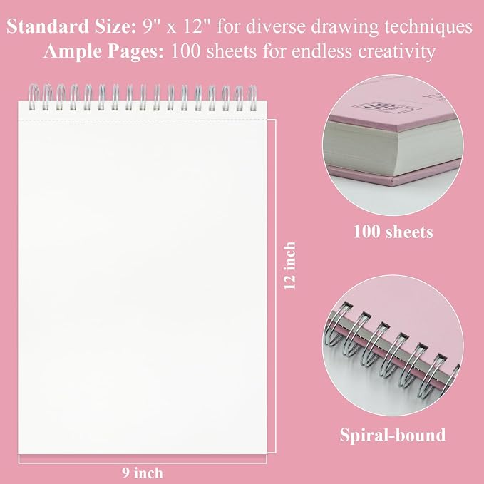 Cute Sketchbook Pink, 9"x12" Sketch Book for Teen Girls, 100 Sheets Girl Sketchbook 73lb/120gsm Drawing Paper for Kids, Art Supplies for Teens 14-16 Girls, Mothers Day Gifts.