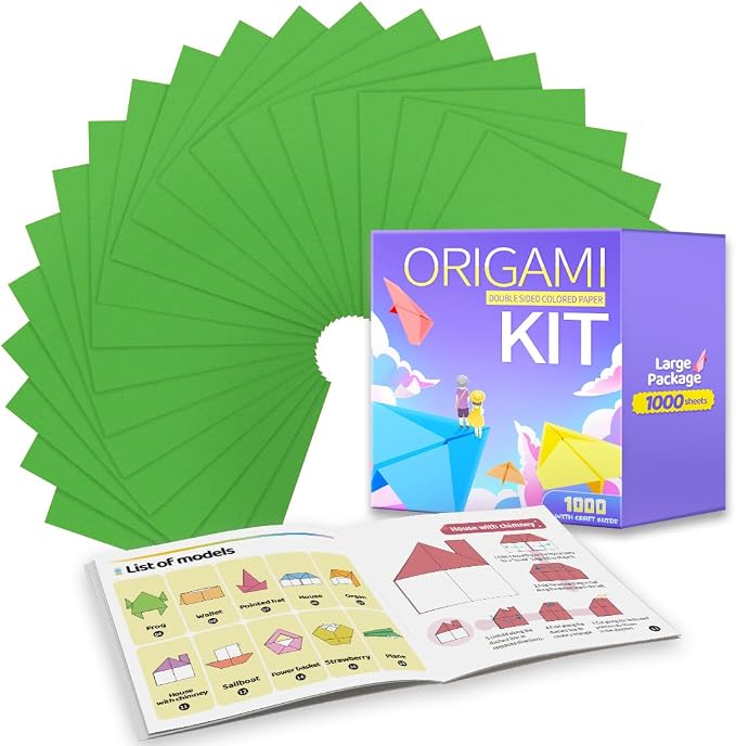 Praisebank Green Origami Paper, 1000pcs 6x6 inch, Double Sided Color, Origami Kit with Guide instruction for Crafts