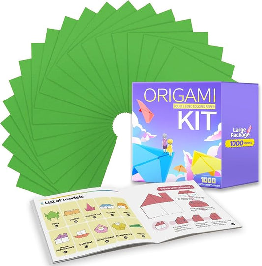 Praisebank Green Origami Paper, 1000pcs 6x6 inch, Double Sided Color, Origami Kit with Guide instruction for Crafts