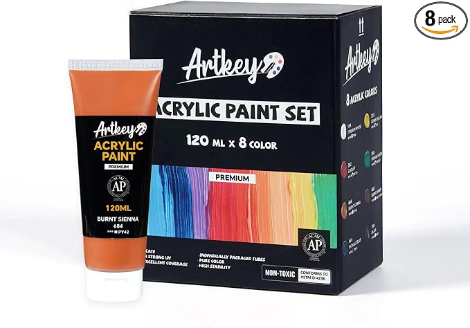 Artkey Acrylic Paint Set - 8 Colors (120 ml/4.06 oz) Tubes, Rich & Vibrant Pigments, Professional Artists Acrylic Paints - Art Supplies for Canvas Wood Rock Clay Fabric Ceramics Art Crafts Painting