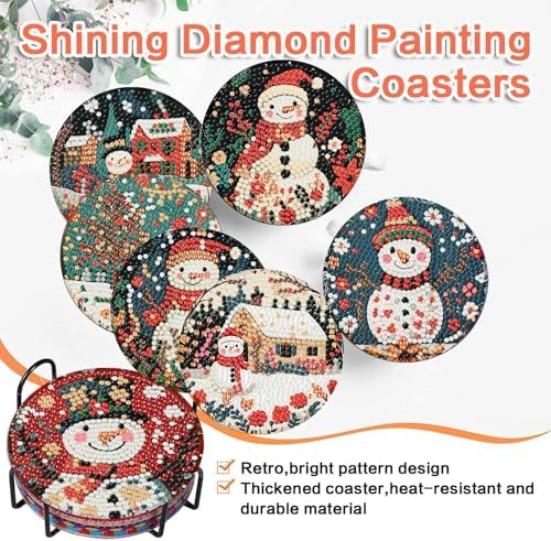 ijbnhd 8 PCS Diamond Art Coasters, Christmas Snowman Cork Wooden Pad