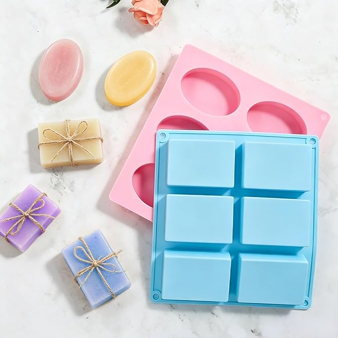SJ Rectangle & Oval Soap Mold Set, 2-Pack 6-Cavity Silicone Soap Molds | For Soap Making, Wax Melts, Chocolate & Desserts, Food Grade Silicone, Easy Release, Reusable