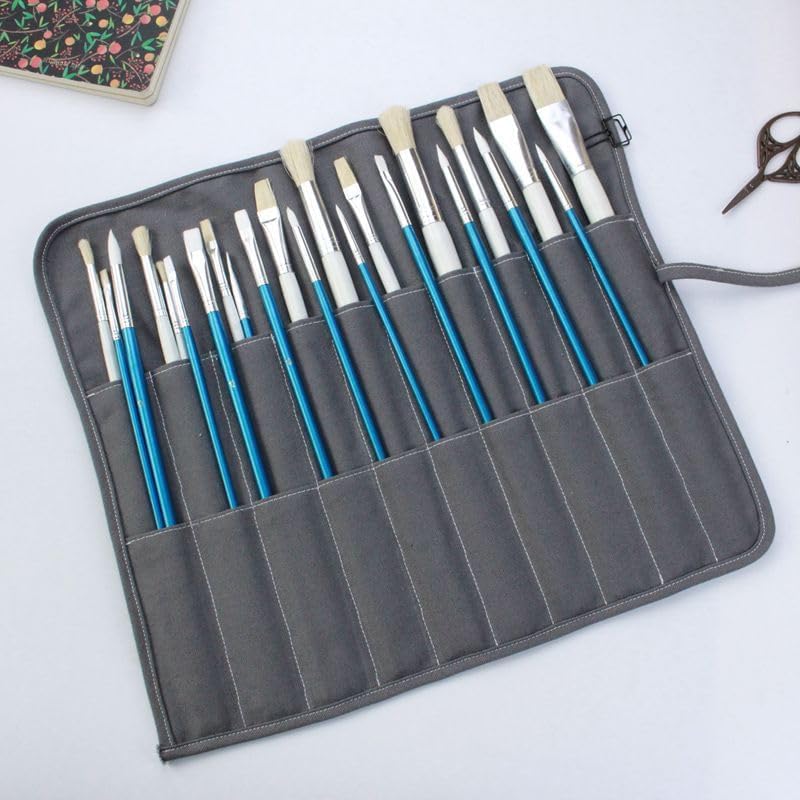 Funny live Paint Brush Holder Art Supplies, Artist Brush Holder & Storage Organizer Roll-Up Case Bag, Protect Acrylic Oil Watercolor Paintbrushes (Gray 20 Slot Pockets)