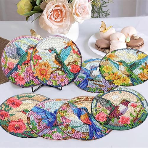 8 Pack Diamond Art Coasters,Hummingbird flowers Diamond Painting Coasters