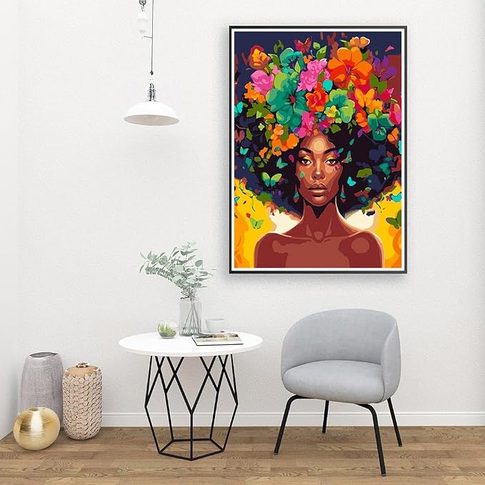 Clendo DIY African Woman Paint by Numbers for Adults Canvas, Flowers and Girl Paint by Number Kits on Canvas - Frameless Oil Painting Kits Arts and Crafts for Home Decor Present 16x20 inch