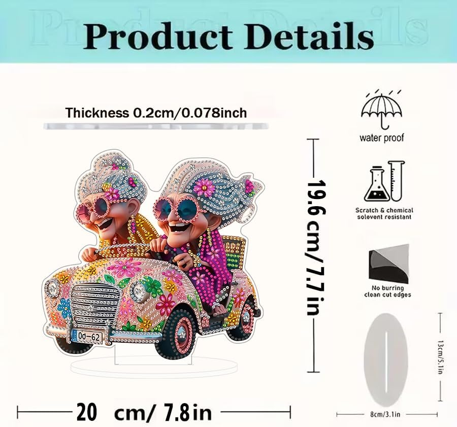 EIBEILI DIY 5D Tabletop Diamond Art Painting Kit，Double Sided Desktop Ornament Special Shaped Rhinestone Desk Placement Ornament，Home Stand Up Gem Painting Craft Kit (Driving Grandma)