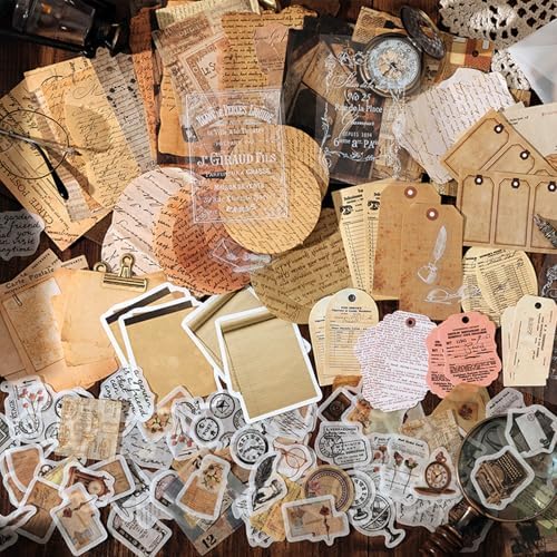 200PCS Vintage Scrapbook Paper Journaling Scrapbooking Supplies Kit Retro Decorative Craft Paper Assorted for Bullet Junk Journals Card Making Craft DIY, Written Letters