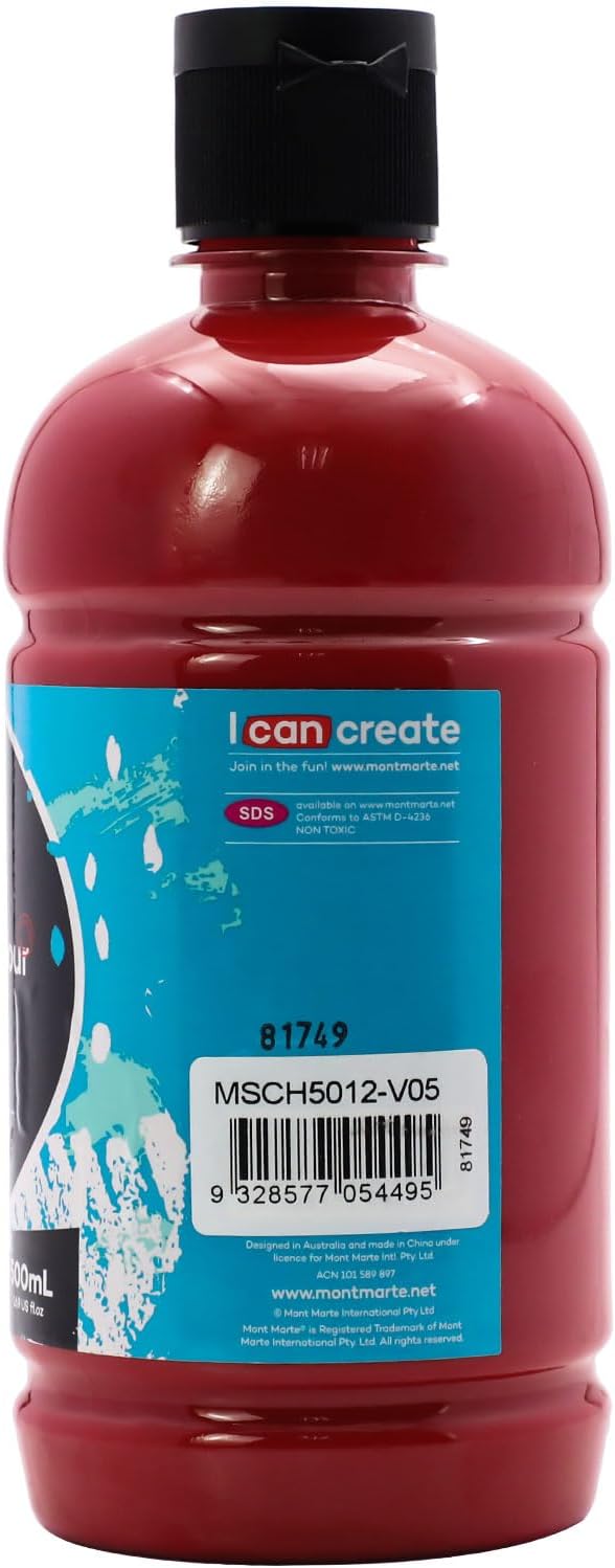 Mont Marte Signature Crimson Acrylic Paint, 16.9oz (500ml), Semi-Matte Finish, Suitable for Canvas, Wood, Fabric, Leather, Cardboard, Paper, MDF and Crafts