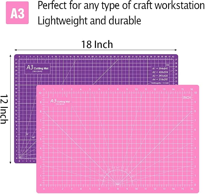 Headley Tools 18"x12" Thickened Self Healing Cutting Mat, A3 Rotary Cutting Sewing Mat for Crafts, Double Sided 5-Ply Table Cutting Board for Fabric Quilting Art Hobby Project, Pink/Purple