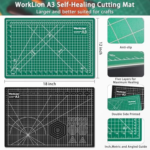 Worklion Self Healing Craft Mat: 18"x12" Rotary Cutting Mat for Sewing,Quilting,Leather,Craft,Fabric,Model,Art,Clay,5-layer 2-sided Cutting Mat, green and black