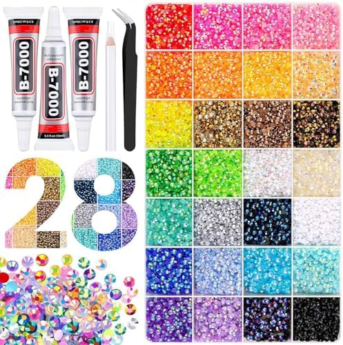 Bedazzling Kit, 25000Pcs 28 Colors Jelly Rhinestones Bedazzler Kit, 3mm Resin Flatback Gems with 3Pcs Glue & Tools for Bedazzling, Nail Art, Shoes, Clothing, DIY Craft, Decor, Diamond Art