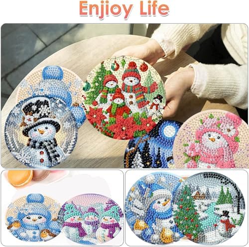 ijbnhd 8 PCS Christmas Diamond Art Coasters Christmas Snowman 4x4 inch