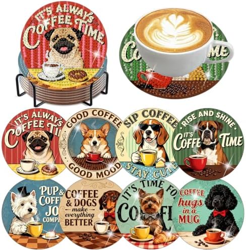 8 Pack Diamond Art Coasters, Coffee Dog Diamond Painting Coasters