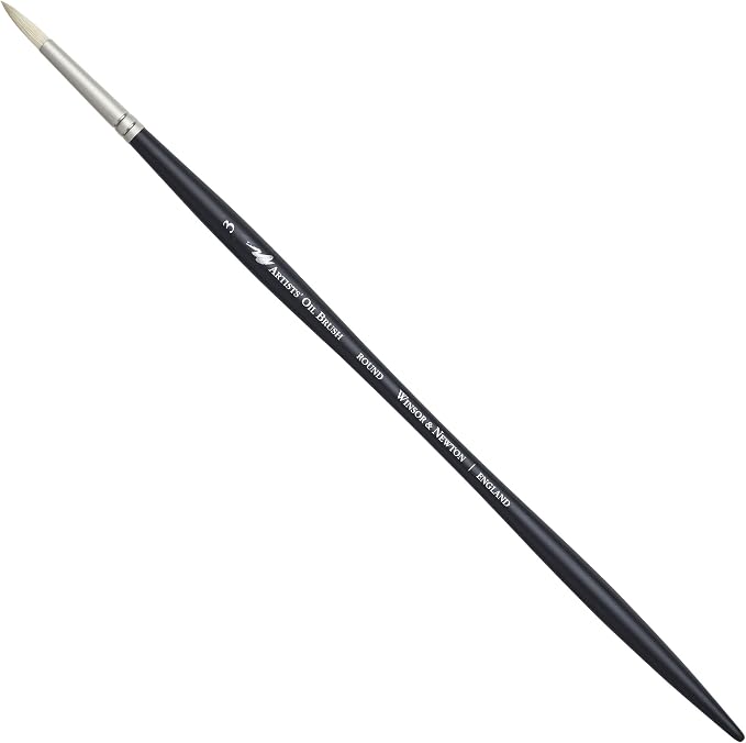 Winsor & Newton Artists' Oil Hog Paint Brush, Long Handle Size 3, Round | Handcrafted with interlocked Chungking bristles; Have spring, stiff, & flagged allowing large amounts of colour to be carried