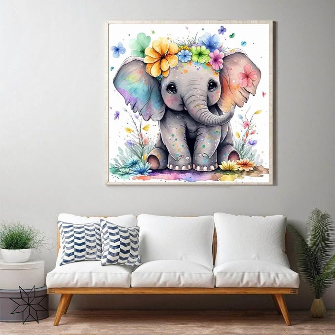 Cute Elephant Diamond Art Painting Kits for Adults - Round Full Drill Diamond Dots Paintings for Beginners, 5D Paint with Diamonds Pictures Gem Art Painting Kits DIY Crafts Project Kits 14x14inch