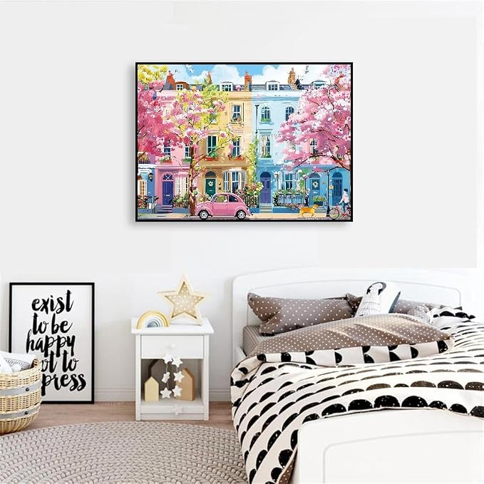 Clendo Paint by Numbers Kit for Adults Beginners, Spring Street Adult Paint by Numbers on Canvas, Acrylic Painting Crafts for Home Decor (16x20inch)