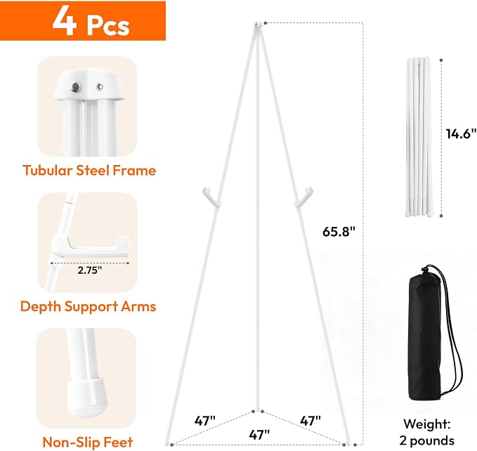 JEAWIWI 4 Pcs Lightweight Easel Stand, 66 Inch, White, with Portable Bags | Adjustable Metal Folding Easel Stand, for Display Show, Arts, Poster, Wedding Sign, for Home & Office Use