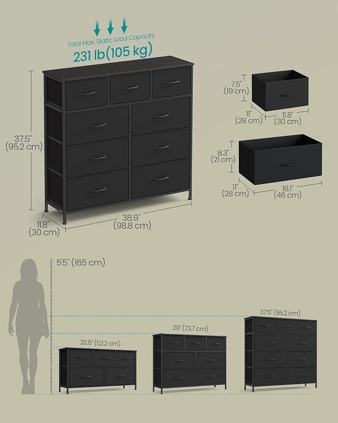 SONGMICS Dresser for Bedroom, Wide Dresser with 9 Fabric Drawers