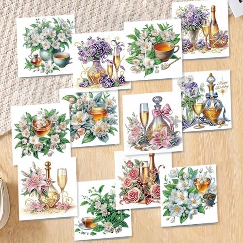 C'eitura 12Pcs Floral Drink Diamond Art Painting Greeting Card Kit with Envelopes, DIY Flower-Themed Beverage Card Making Set for Christmas Birthday Thanksgiving, Creative Handmade Card Craft