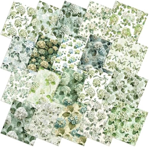 HunnmingRe 20 Pcs 10''x10'' Sage Green Hydrangea Quilting Fabric Square Greenery Flower Precuts Quilted Fabric Bundle Bow Leaves Printed Sewing Material for Patchwork Strips Spring DIY Sewing Crafts