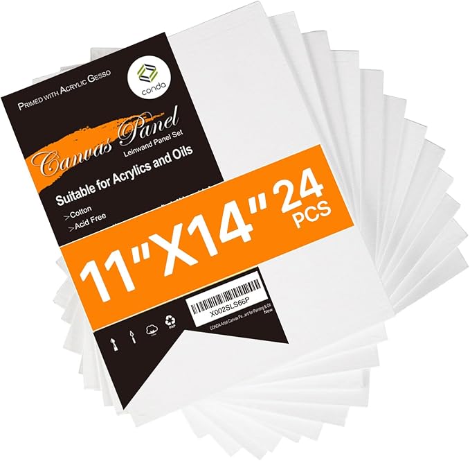 CONDA Canvas Boards for Painting,100% Cotton Canvas Panels, White Blank Canvases, Primed, Acid-Free, Artist Quality for Acrylic, Pouring Watercolor & Oil Painting 11 x 14 inch, 24 Pack
