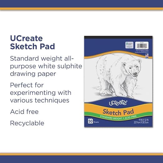 UCreate Sketch Pad, Standard Weight, 9" x 12", 50 Sheets | Supports classroom learning, crafts and creative activities