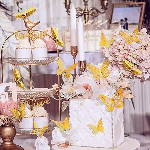 SAOROPEB 3D Butterfly Wall Decor 48 Pcs Gold Butterfly Birthday Decorations | 4 Styles 3 Sizes, for Butterfly Birthday Decorations Butterfly Party Decorations Cake Decorations, Removable Stickers