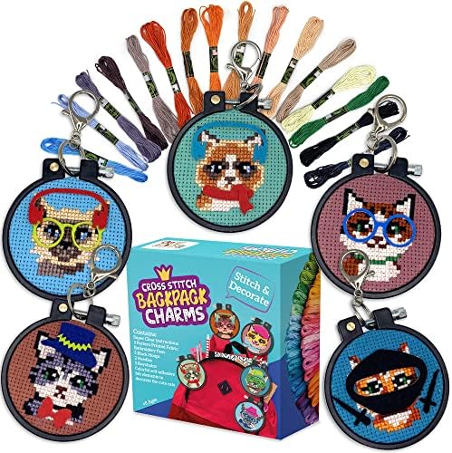 Cats Cross Stitch Kits for Kids - 5 Stamped Beginner Needlepoint Sets