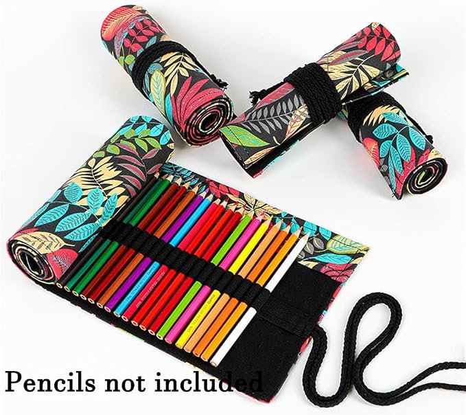 DIYOMR 24/36/72 Slots Pencil Wrap Pencil Rolls, Artist Colored Pencils Roll Up Bag Short Brushes Pouch Case Pencils Organizer for Drawing Coloring and Sketching,No Pencils (Colorful Leaves, 36slots)