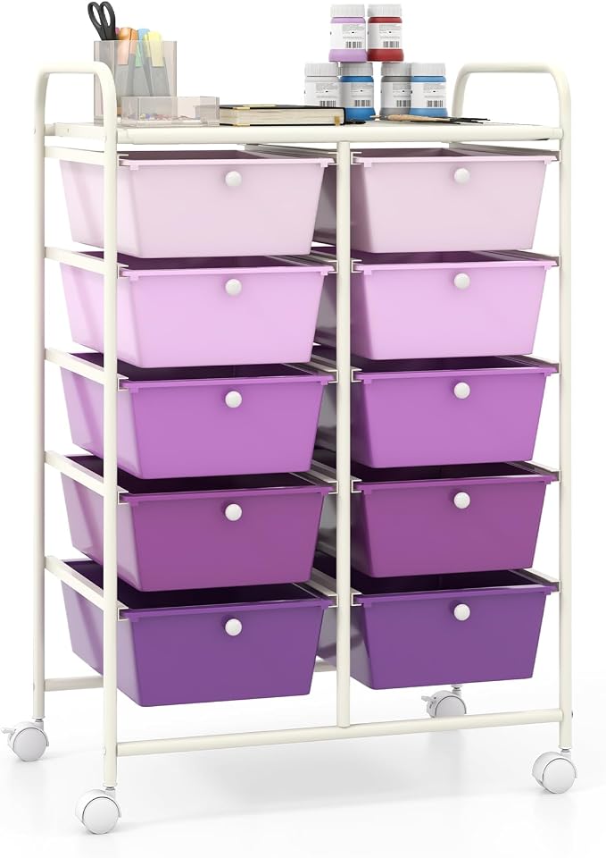 Giantex 10 Drawers Rolling Cart, Classroom Organizers, Storage Cart with Wheels, for Teacher Office Home School Supplies Tool Craft Art Paper, Purple Gradient