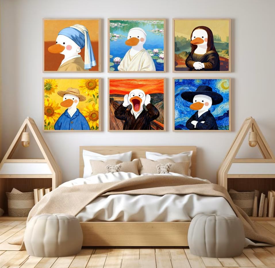 Canrichshop 6P Abstract Paint by Numbers Kit for Adults Framed with Wooden Easel,Easy DIY Cute Duck Oil Painting Kits on Canvas,Acrylic Paint by Number with Frame for Decor 8x8inch