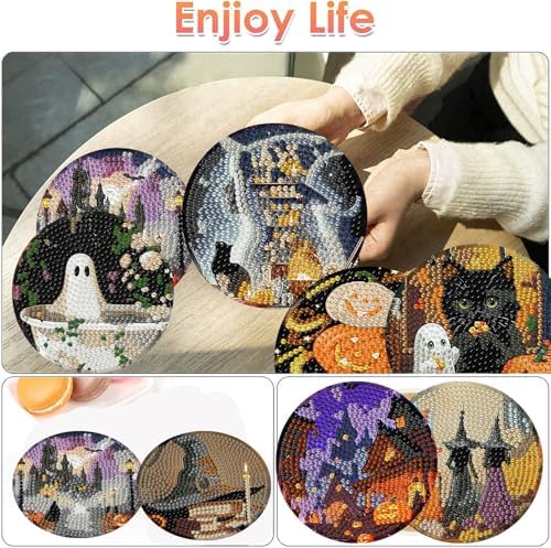 ijbnhd 8 Pcs Halloween Diamond Art Coasters Kits (Cork Wooden Pad)
