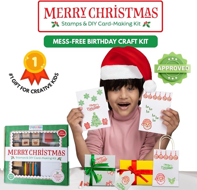 48 Piece Merry Christmas Craft Kit Wooden Stamp Set with Ink Pads Colored Pencils Stickers Cards Envelopes DIY Holiday Card Making Set for Kids Adults Classrooms Festive Family Fun